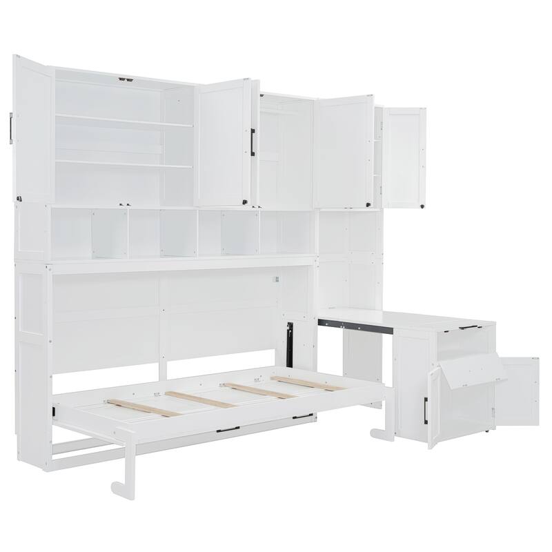 Twin Size Murphy Bed with Closet, Drawers, and Desk - Space-Saving Wall Bed with Storage