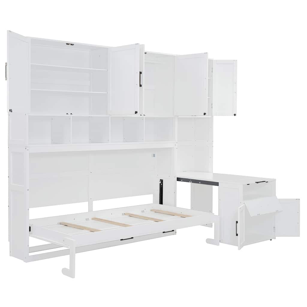 Twin Size Wall-Mounted Murphy Bed with Built-In Closet, Storage Drawers, and Desk - Multifunctional Design