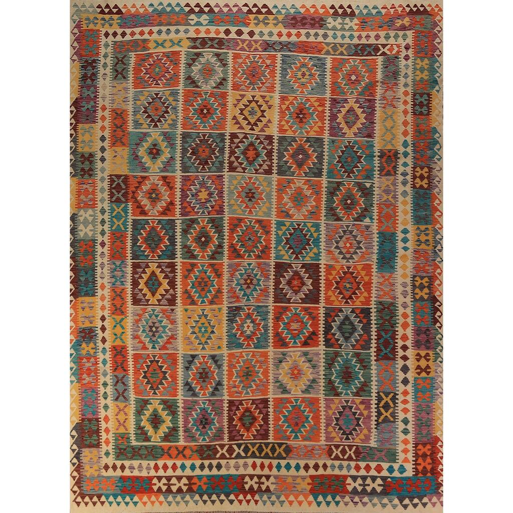 Geometric Kilim Oriental Rug Flatweave Wool Carpet - 9'7"x 12'10"