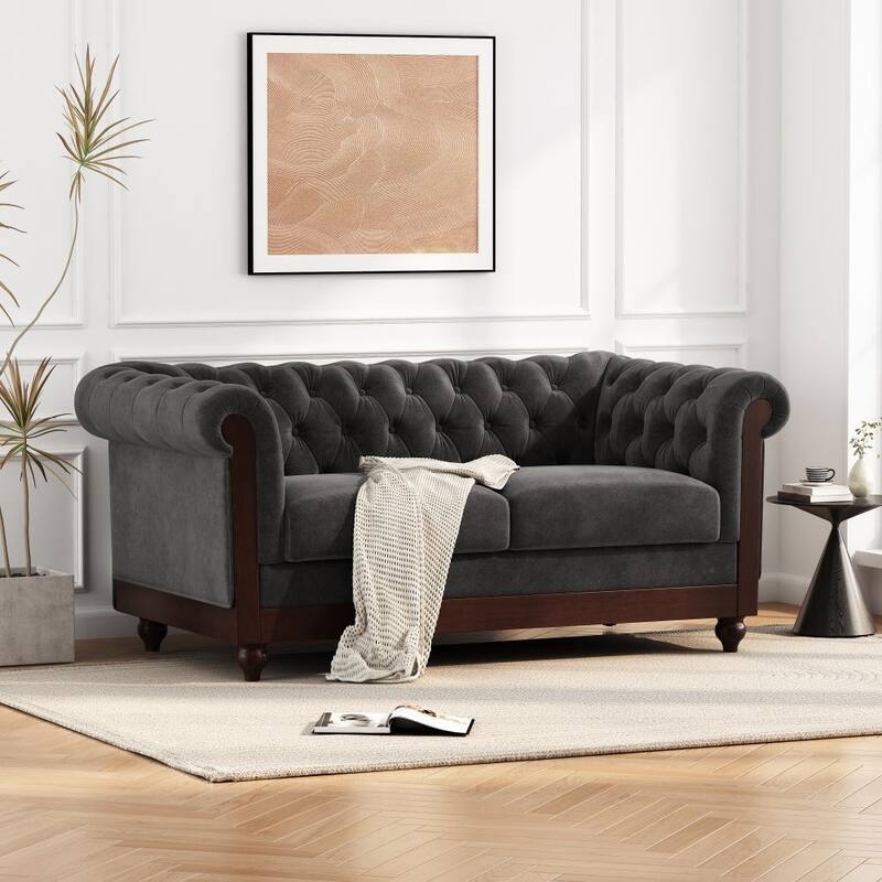 2-Person Rolled Arm Dutch Plush Upholstered Sofa Couch with Tufted Button - Dark Gray
