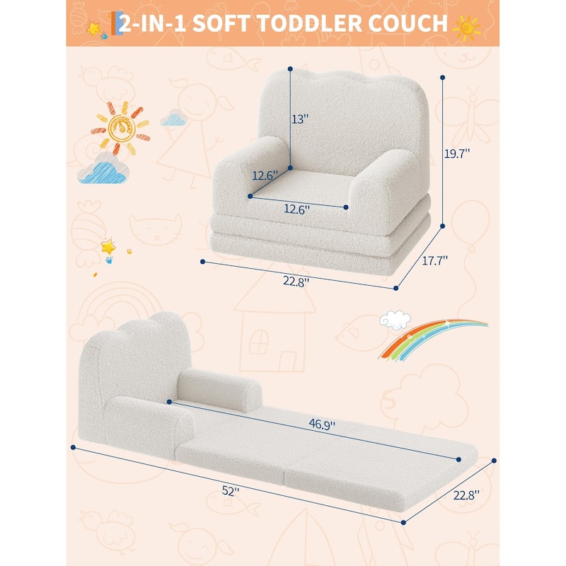 Kids Couch, 2-in-1 Convertible Teddy Fleece Fabric Toddler Sofa Chair