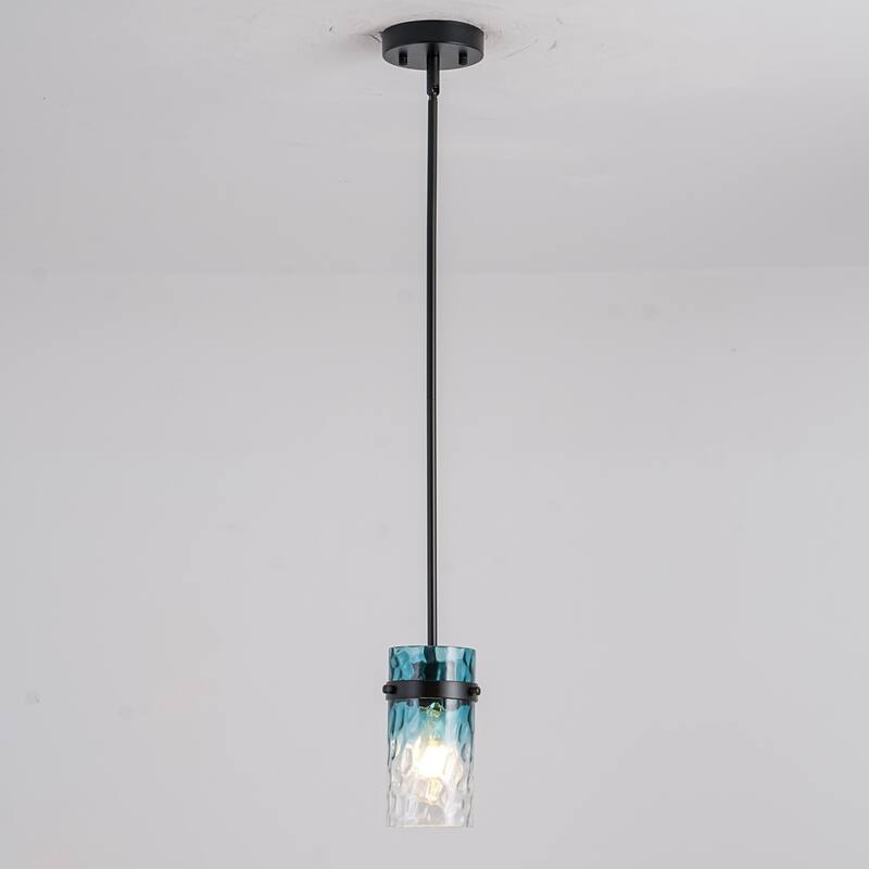 1/3-Light Coastal Matte Black Adjustable Pendant Light with Gradient Blue Hammered Cylinder Glass for Kitchen Island - 4.7 in. W x 7.9 in. H x 4.7 in. D