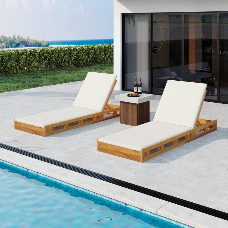 Roomfitters Outdoor Acacia Wood Chaise Lounge with 2-Inch Cream Water-Resistant Cushions Teak Finish - Cream,Teak