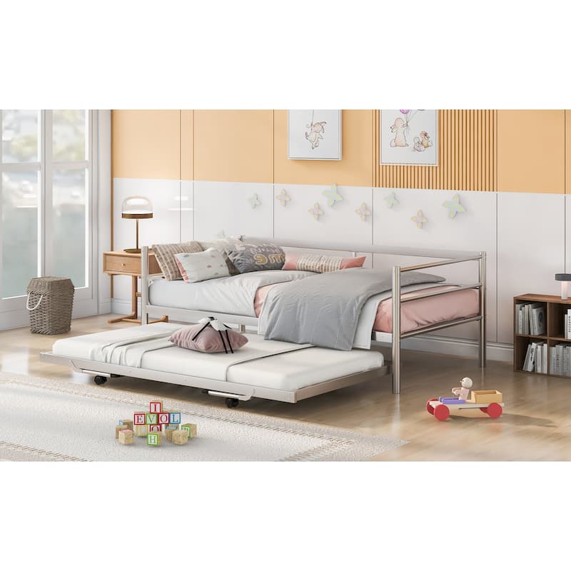 Twin Size Metal Daybed with Adjustable Trundle