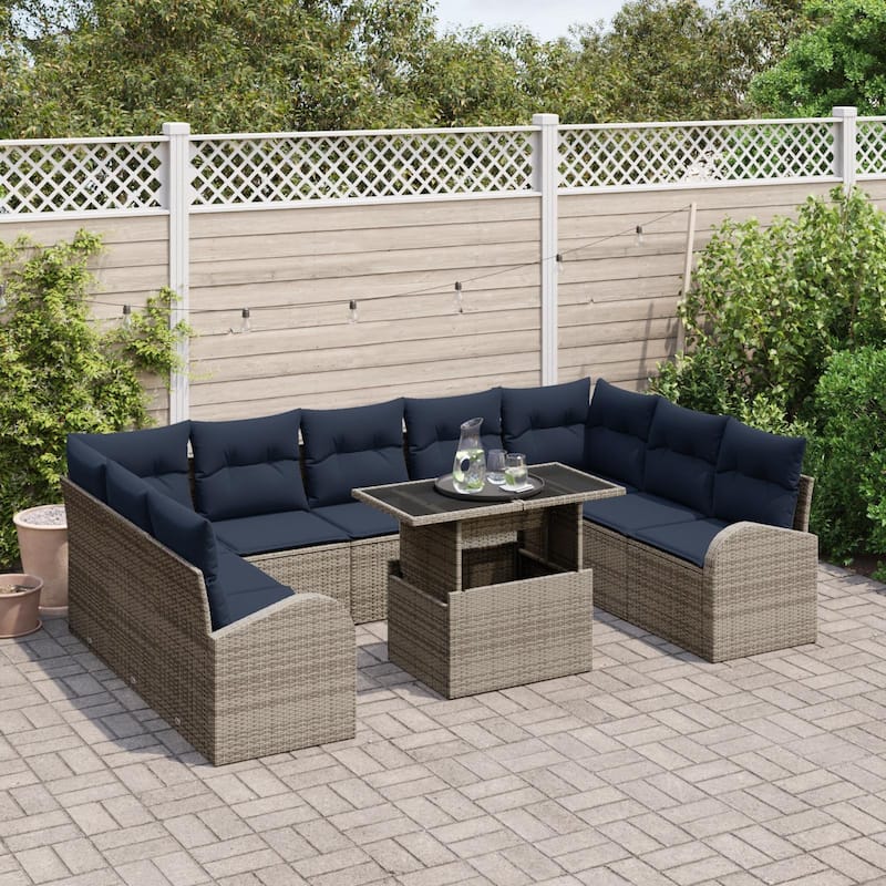 vidaXL 10 Garden Sofa Set with Cushions Black/Brown/Grey Poly Rattan - 113.8 x 70.5 x 27.2