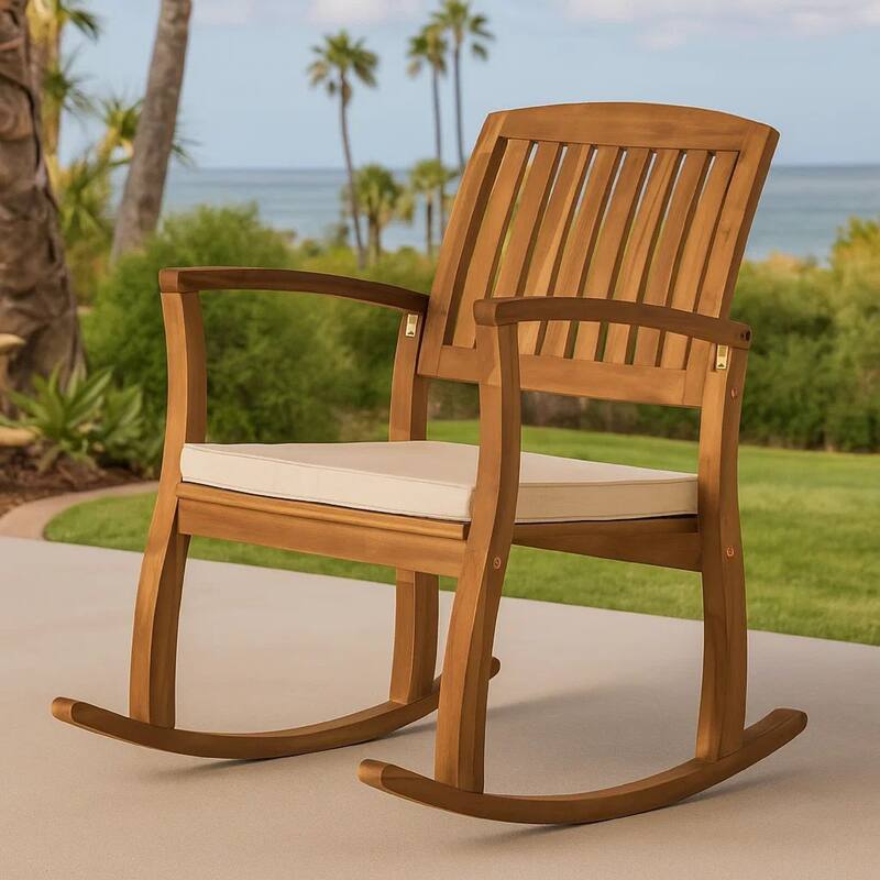 Bang Outdoor Rocking Chair w Cushion, Slatted Back, Brown Acacia Wood
