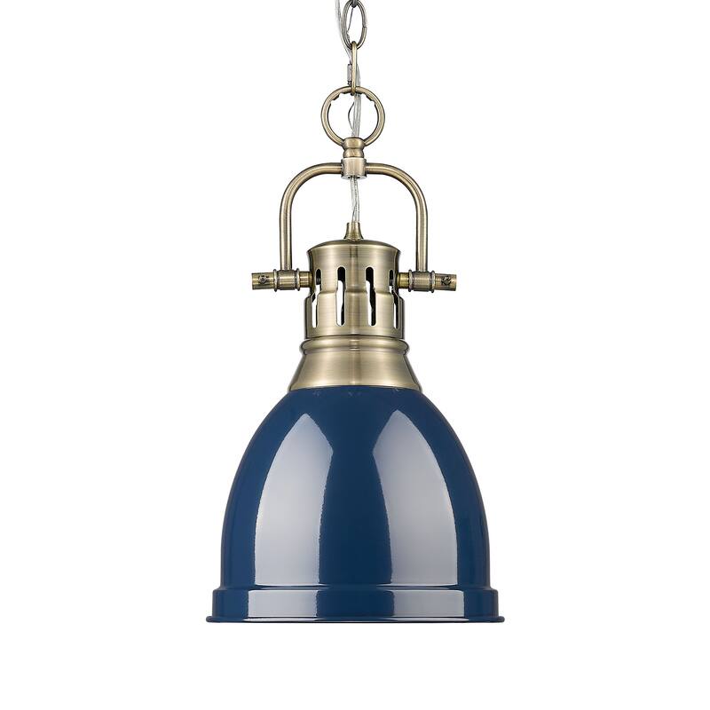 Yep by Golden Lighting Duncan 1-light 9in Chain Hung Pendant in Aged Brass and Navy Blue shade