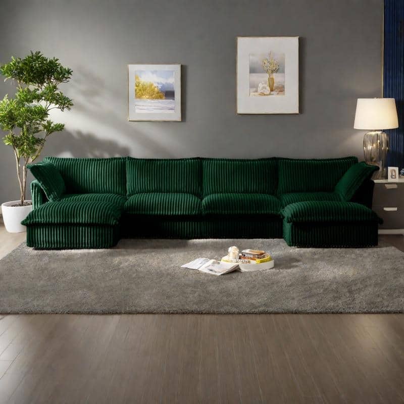 156.6" Corduroy U-Shape 4-Seater Sectional Sofa with Removable Slipcover, Deep Seat Design and French Edge Detailing - Green