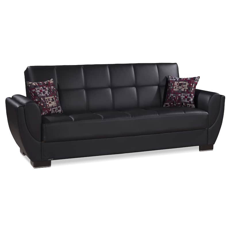 HomeRoots 93" Black Faux Leather Convertible Futon Sleeper Sofa And Toss Pillows With Storage