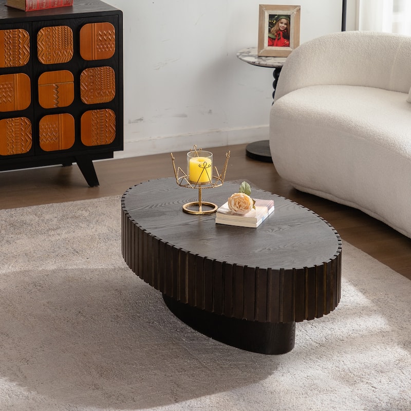 Oval Coffee Table Handcrafted Relief Sturdy Pedestal Wooden Olive-Shaped Tea Table