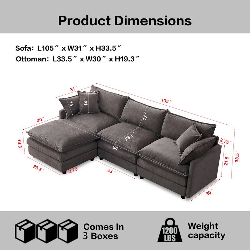 105" L-Shaped Modular Sectional Sofa with Ottoman, Soft Chenille Upholstery, 3-Seater Couch