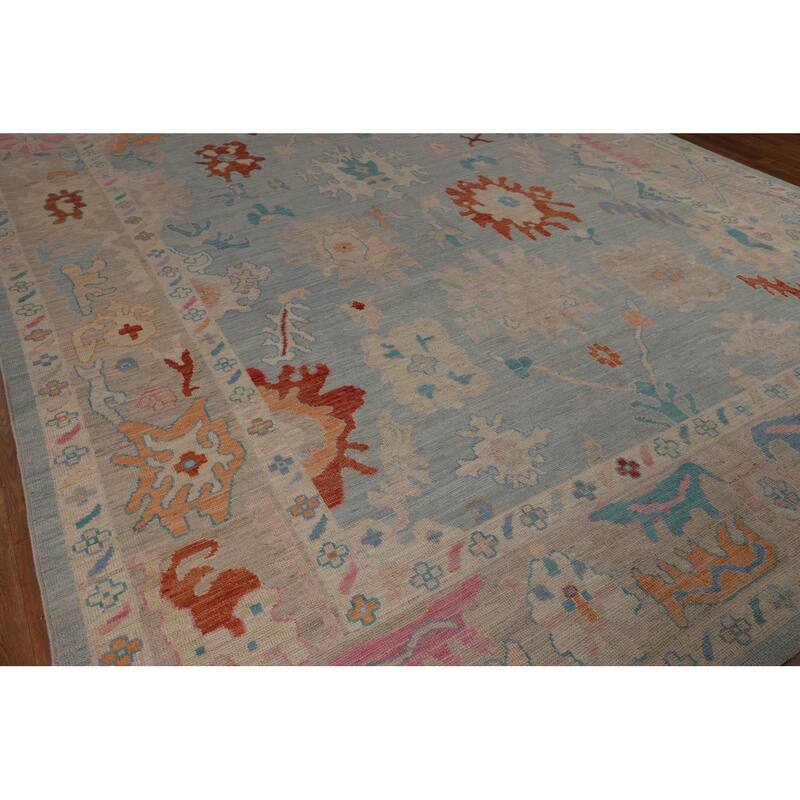 Blue Vegetable Dye Oushak Turkish Large Rug Handmade Wool Carpet - 10'4"x 14'3"