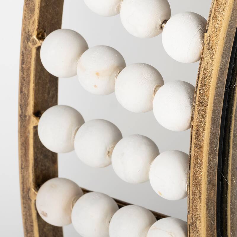 HomeRoots 42" Round Gold Metal Frame Wall Mirror With White Wood Beads - 21.5