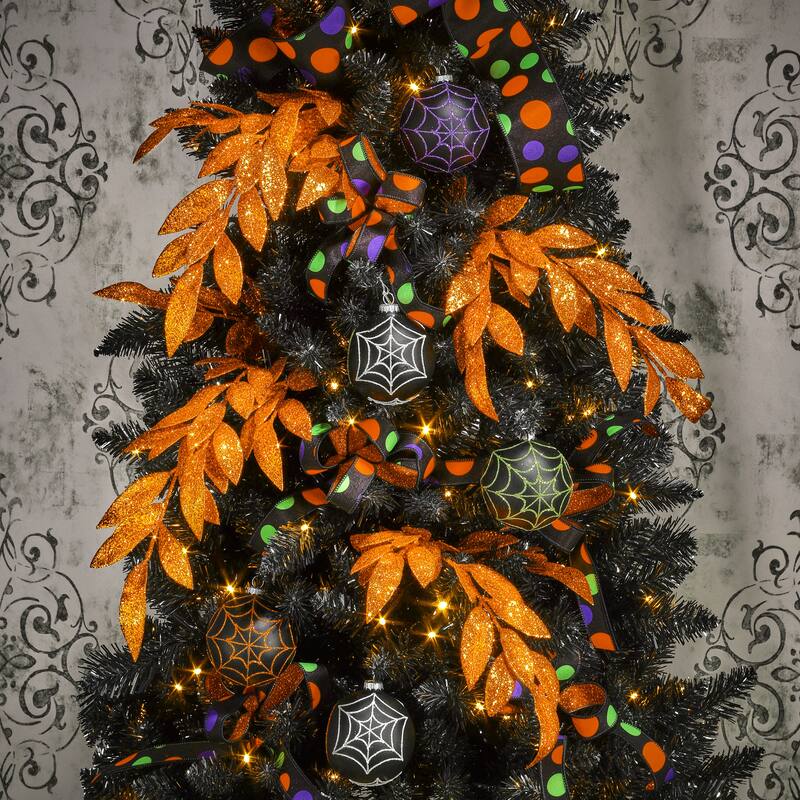 30" Glitter Laurel Leaf Spray - Orange