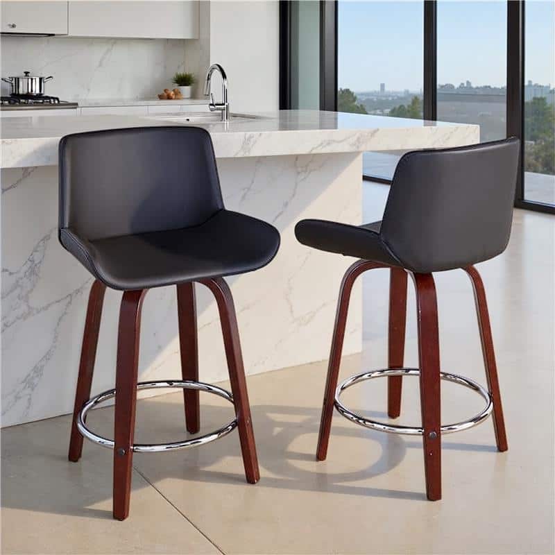 Santi Upholstered 24" Fixed-Height Counter Stool - Set of 2 - Black Faux Leather