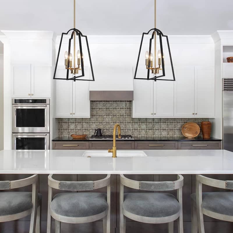 Modern Farmhouse Black Gold 4-Light Lantern Geometric Chandelier Candle Kitchen Island Pendant Light - 14" W x 17.5" H