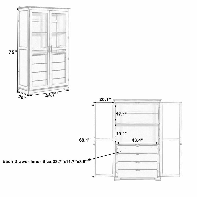 75" Tall Pine Wood Kitchen Pantry Cabinet with Glass Doors Four Drawers and Anti-Tipping Safety Features