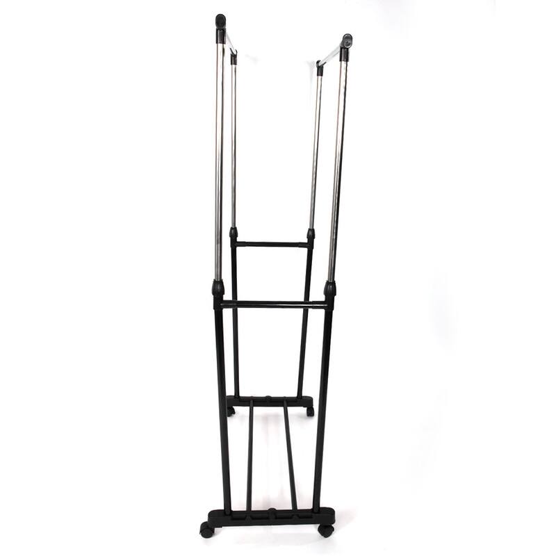 Single/Double-bar Vertical & Horizontal Stretching Stand Clothes Rack with Shoe Shelf Black & Silver