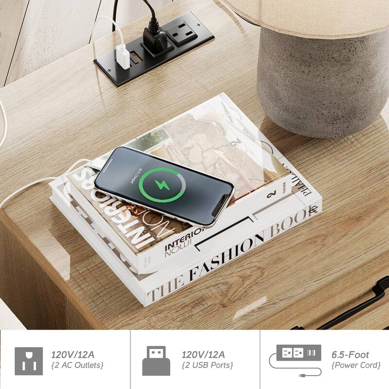 End Table with Charging Station, Side Table with Storage, Power Outlets & Type-C USB Ports for Living Room