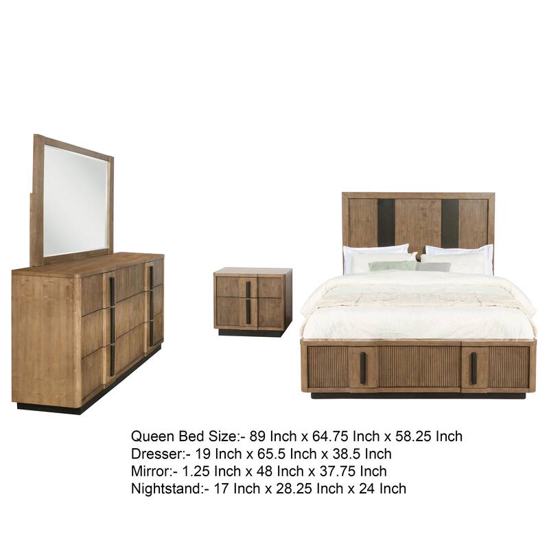 Reon 4pc Queen Bedroom Set with Storage, Ash Brown Fluted Panel