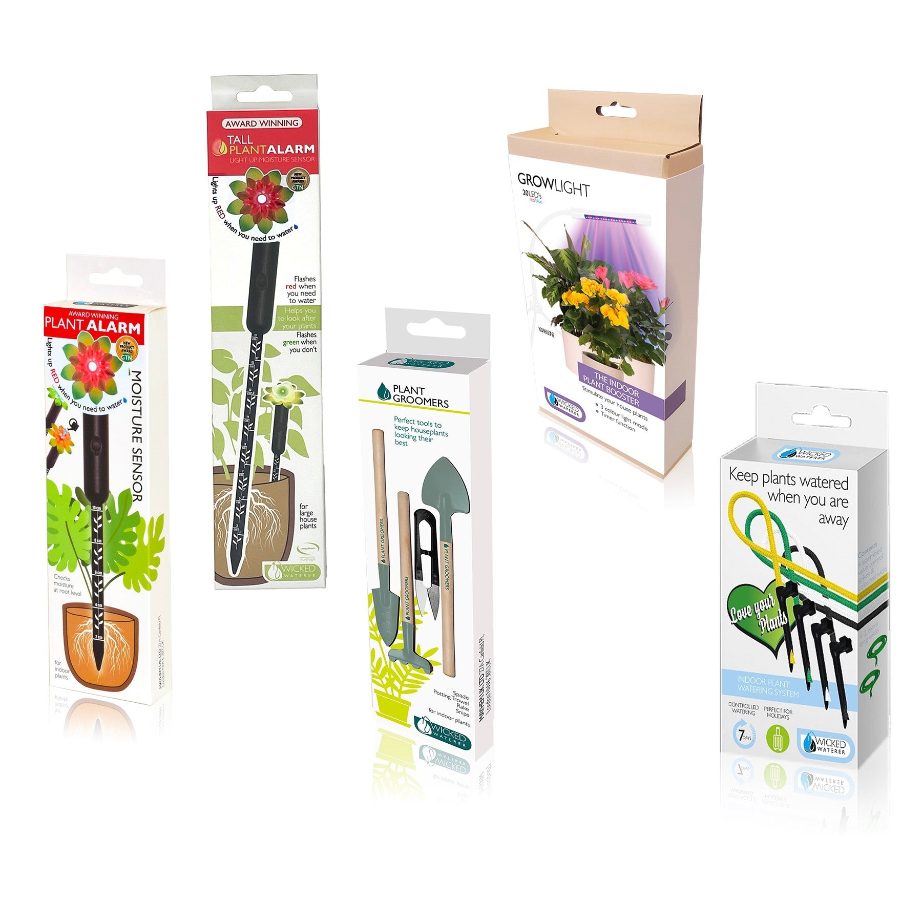 Wicked Waterer Plant Deluxe 5 Piece Kit - Two Plant Alarms, one Grow Light, Grooming Kit and Spike Water Kit
