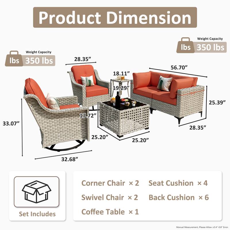 OVIOS 6 Pieces Outdoor Wicker Swivel Chair Set With Solar-Powered Coffee Table