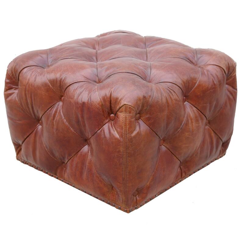 Pasargad Home Paris Club Genuine Leather Tufted Ottoman, Brown - Brown
