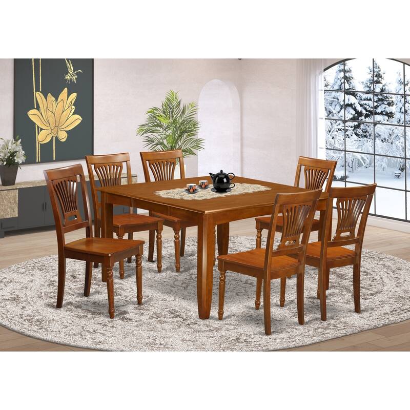 HomeStock 7-Piece Square Saddle Brown Finish Solid Wood Top Dining Table with 6-Chairs with Lattice Back