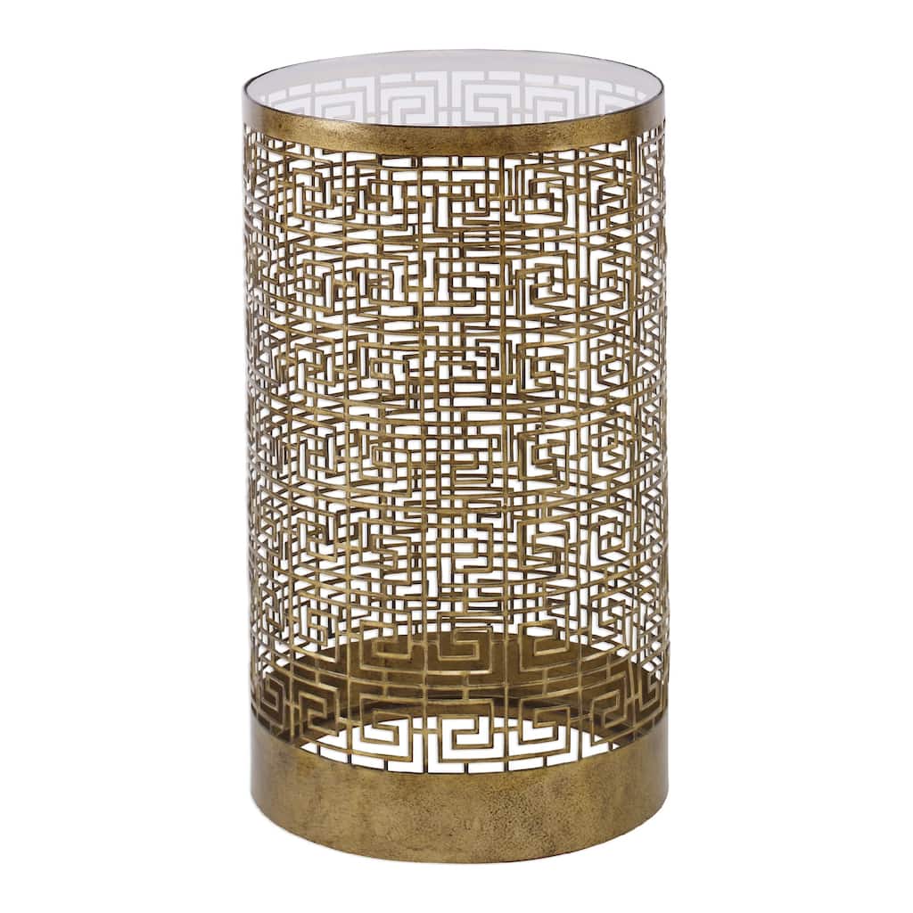 24" gold greek inspired geometric accent table with a mirrored top