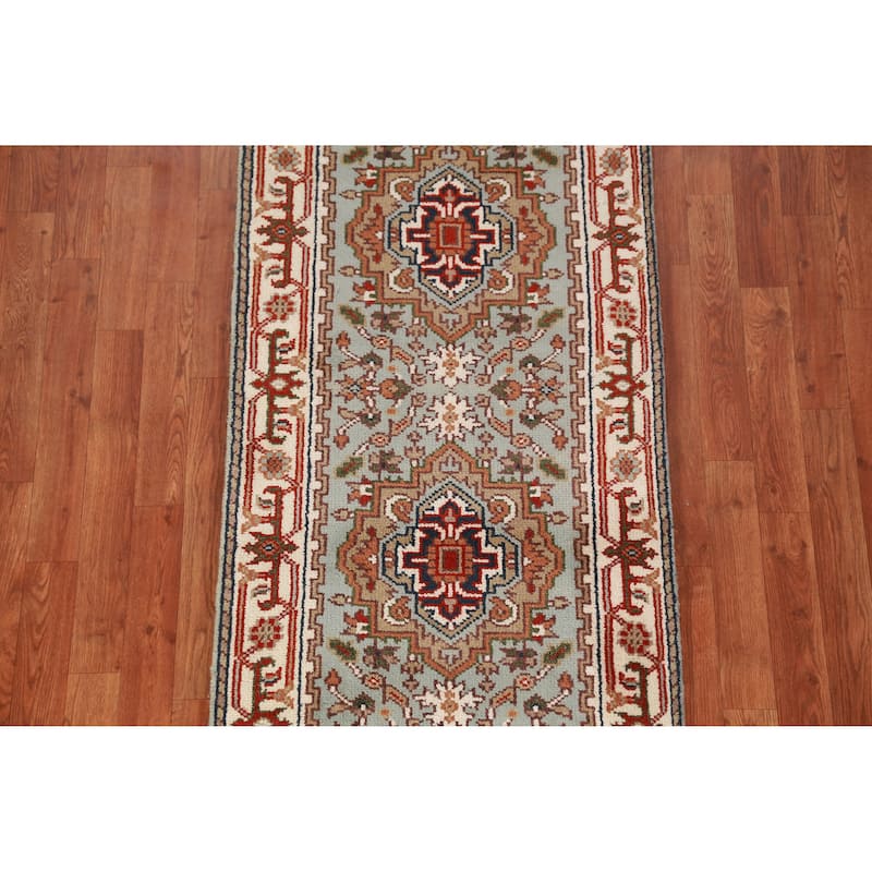 Geometric Heriz Serapi Indian Runner Rug Hand-Knotted Wool Carpet - 2'6" x 10'2"