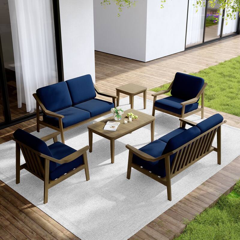 Outdoor Conversation 6 Seater Patio Chat Set with Cushions and Table - Natural Wood - Navy