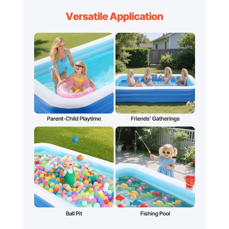 Blue PVC 3-Layer Rectangular Inflatable Pool with Drain and Patches - 118.11 x 67.01 x 20 inch