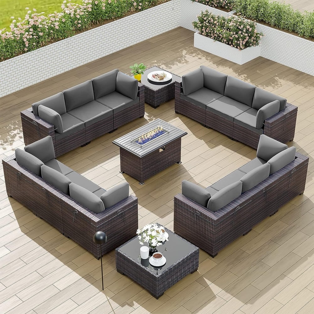 Kullavik 15PCS Outdoor Patio Furniture Set with Fire Pit Table & Glass Top Coffee Table