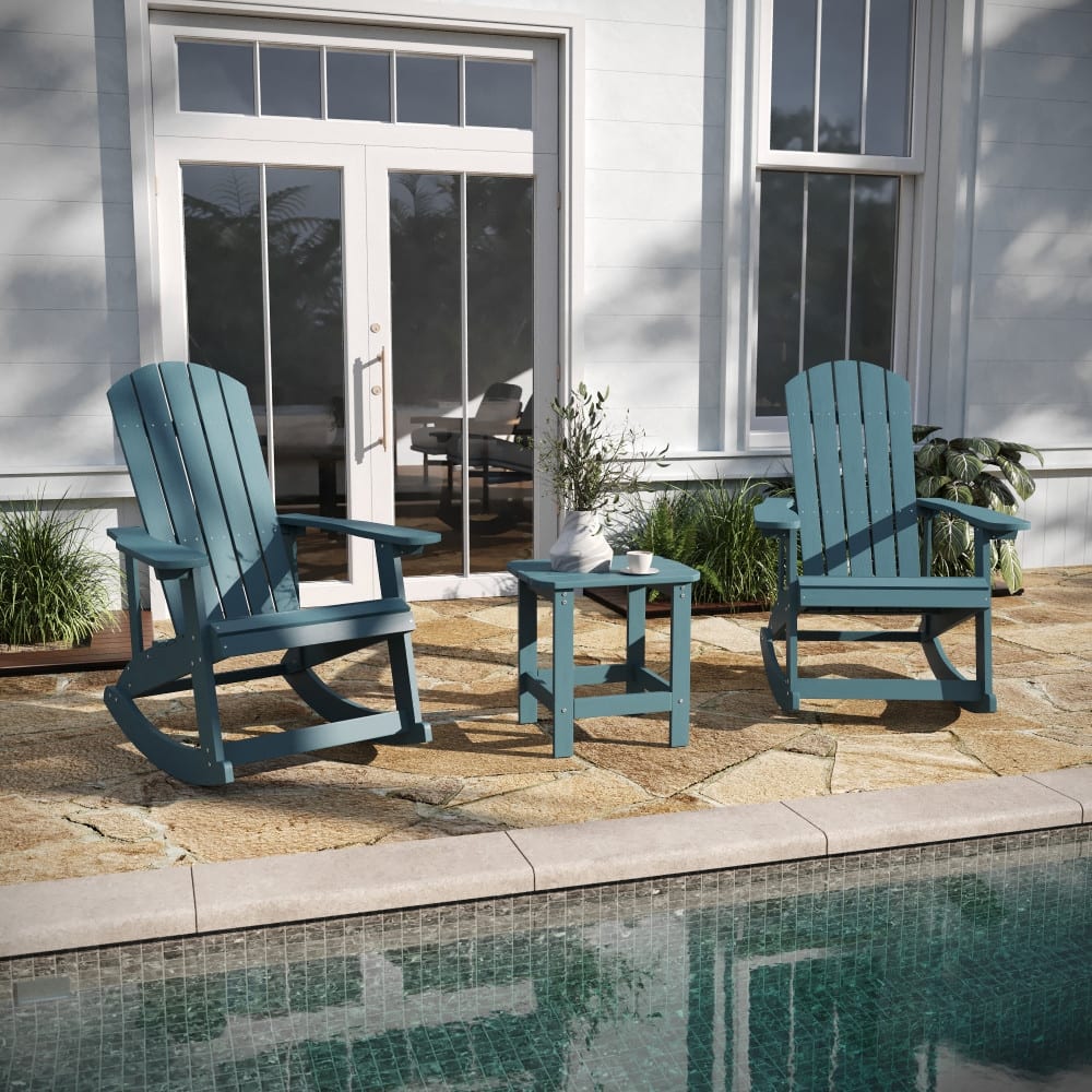 Set of 2 Poly Resin Adirondack Rocking Chairs with 1 Side Table