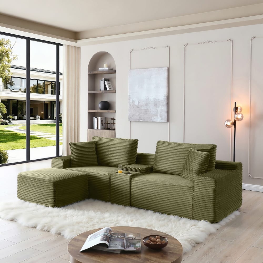Modular Sectional Sofa, Deep Seat Corduroy Cloud Couch with Cup Holders, USB Ports & Storage Box