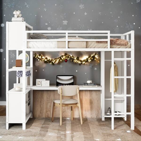 slide 2 of 7, Metal Loft Bed with Wardrobe and L-shaped Desk, Full Size Loft Bed with Storage Cubes, Heavy Duty for Kids Teens Adults