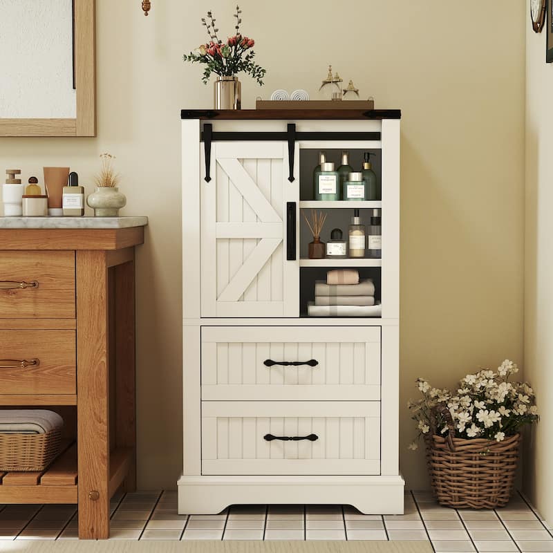 Gymax Farmhouse Bathroom Floor Cabinet w/Sliding Door Adjustable