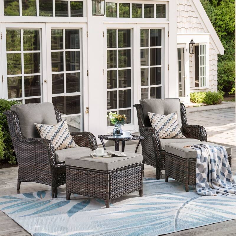 Pocassy 5-Piece Patio Furniture Wicker Chairs with Ottomans & Table - Brown/Grey