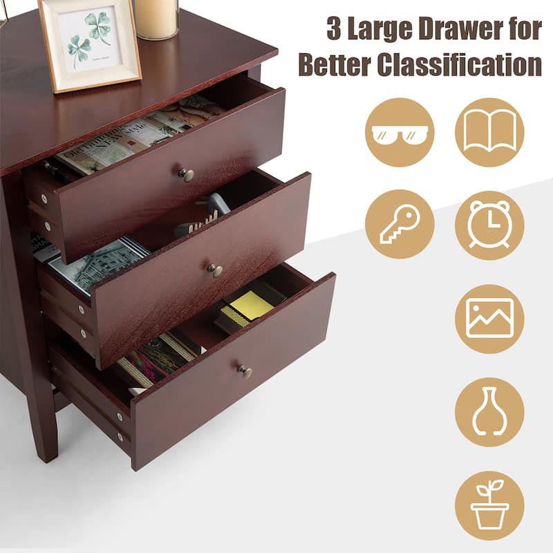 Modern Nightstand with 3 Drawers Solid Structure Beside Accent Table