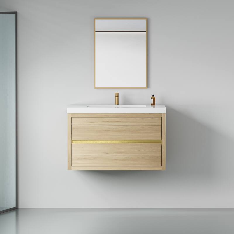 GDFStudio - Maxwell Floating Bathroom Vanity with Stone Resin Countertop & Soft-Close Drawers - 36" - Oak Natural Wood + Antique White