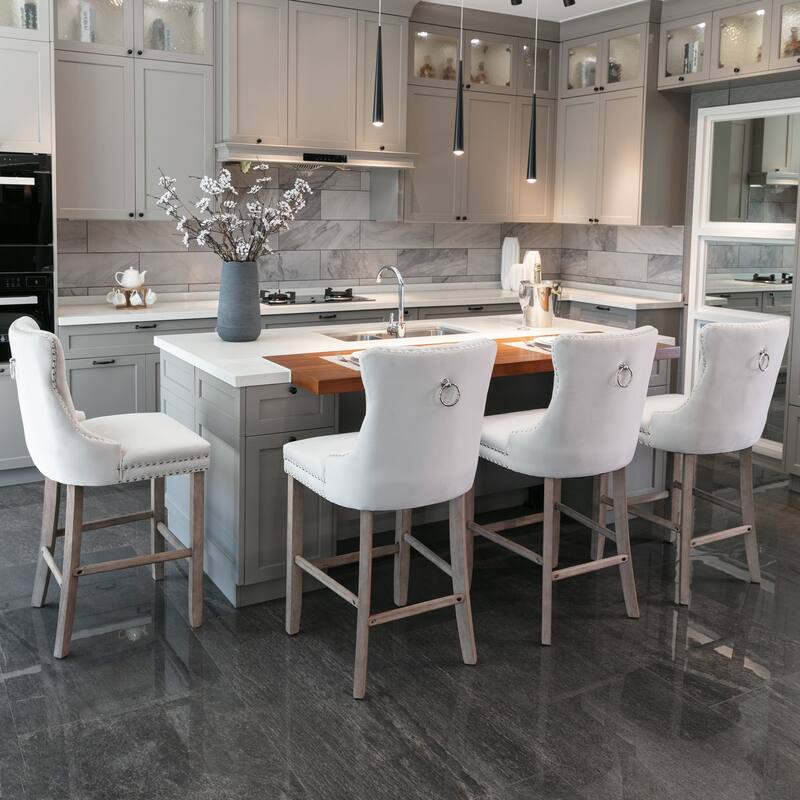 Counter Height Bar Chairs Set of 2, Upholstered Kitchen Island Chairs with Wooden Legs, Dining Room Chairs with Wingback