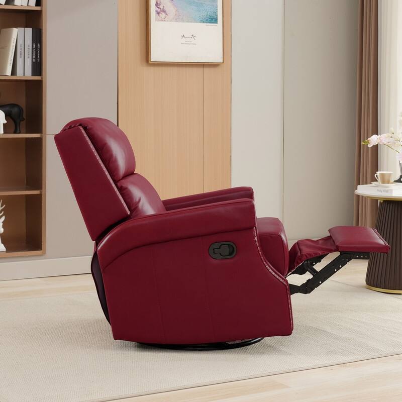 Genuine Leather Manual Rocking Recliner with 360-degree Metal Swivel Base