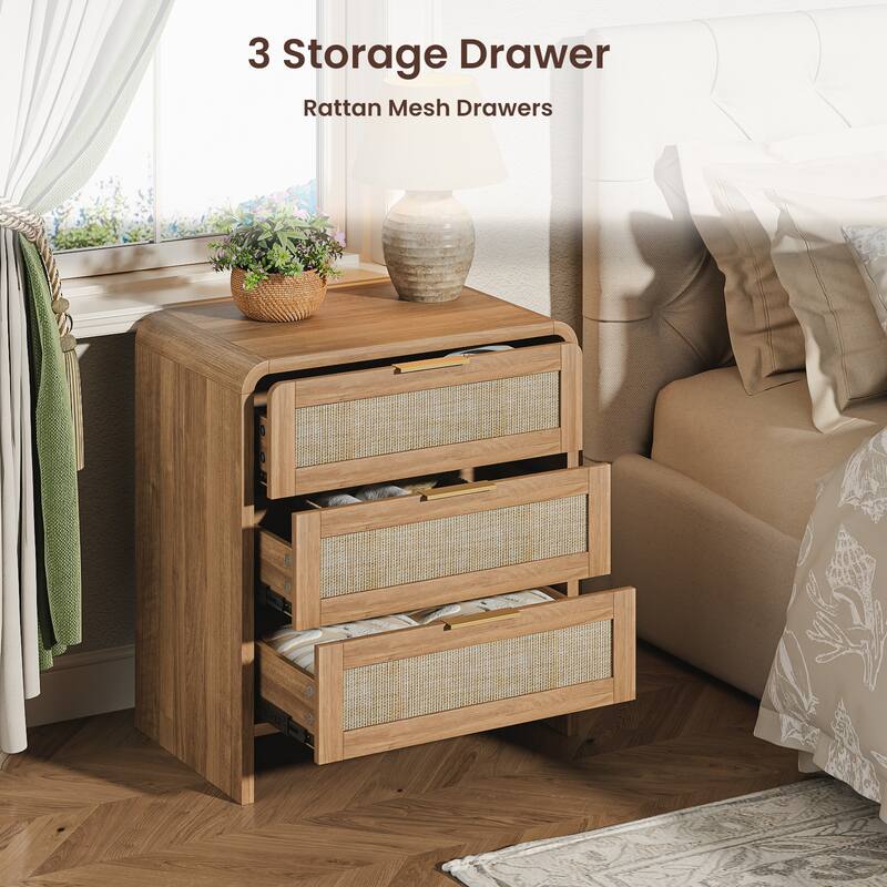 Rattan Nightstand with 3 Drawers, 22.8" Wide Curved Wooden Bedside Table, Modern Storage for Bedroom