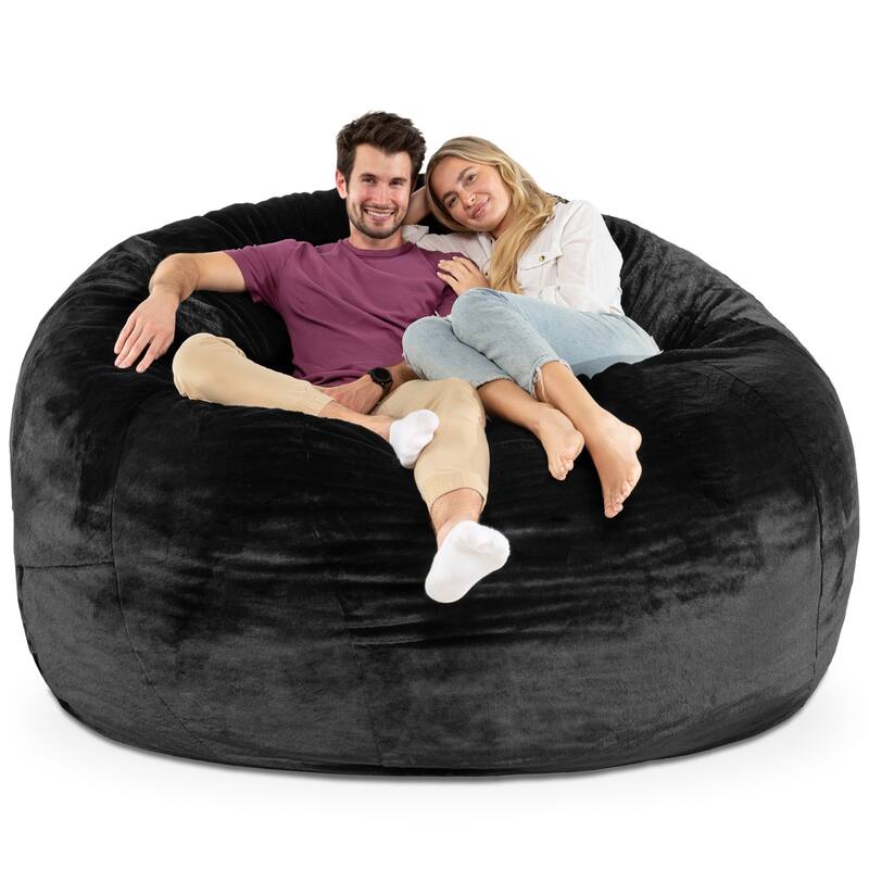 Jaxx Saxx 6 Foot Giant Bean Bag Chair For Adults - Premium Synthetic Faux Rabbit Fur - Black Rabbit