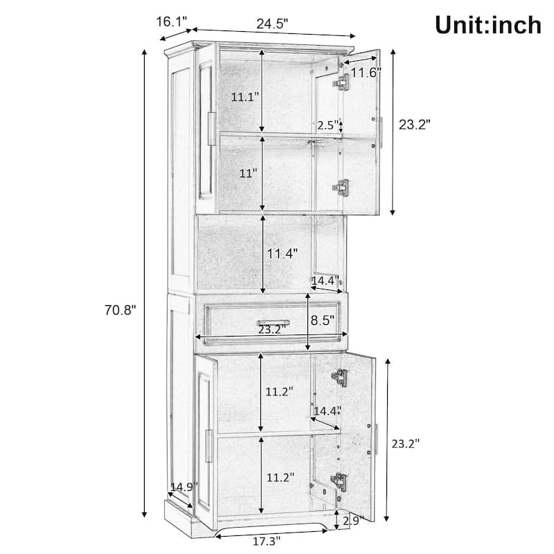 Tall Bathroom Cabinet with 4 Doors, Large Bathroom Moisture Proof Storage Cabinet with Open Shelves, Upper Storage Cabinet
