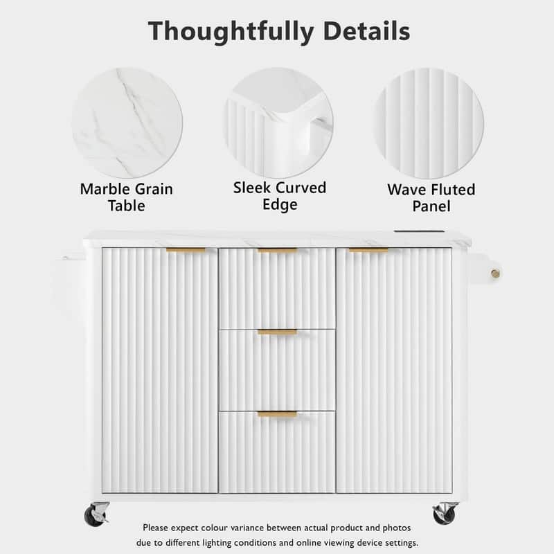 55.5" Fluted Kitchen Island with Drop Leaf and Storage Features Power Outlet and Adjustable Shelves