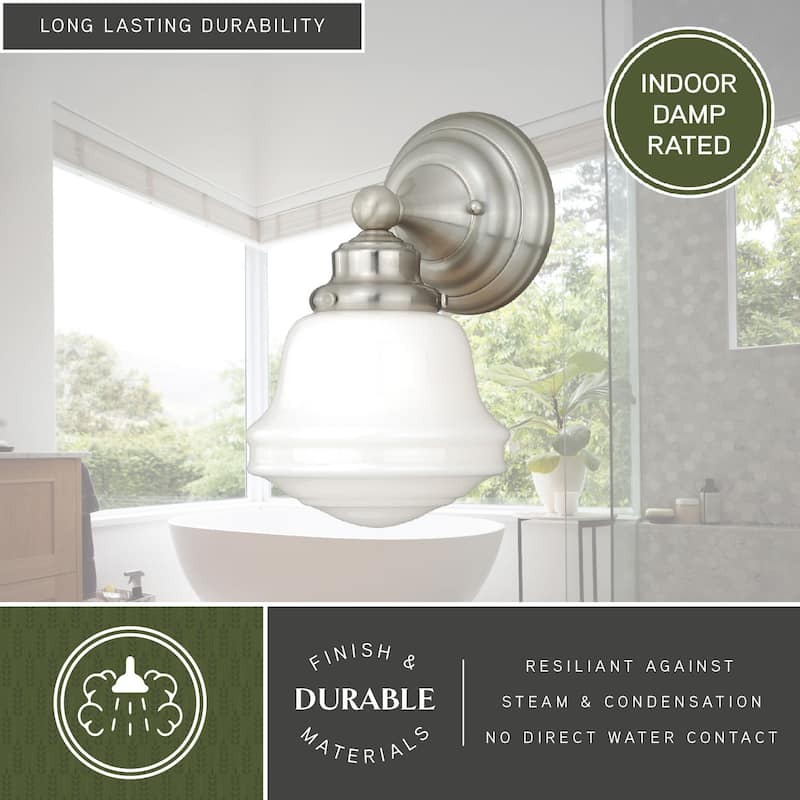 Huntley 1-Light 6.75 in. W Satin Nickel Bathroom Vanity Lighting Fixture, White Schoolhouse Glass Globe, Wall Mounted Sconce