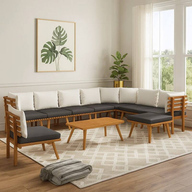 Roma 12pc Outdoor Modular Corner Sofa Set, Coffee Table, Acacia Wood