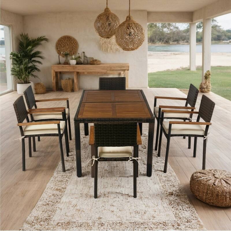 7 Pieces Outdoor Dining Set, Patio Conversation Set with 6 Chairs, Outdoor Table and Chairs Set with Cushion - Brown