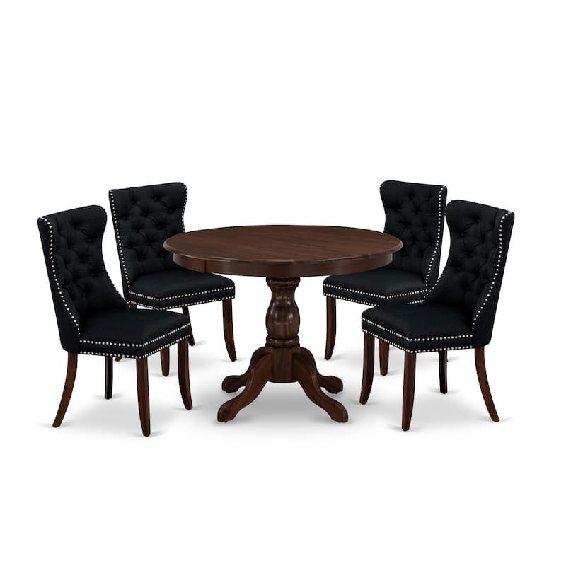 East West Furniture Kitchen Table Set Consists of a Round Dining Table and Padded Chairs, Antique Walnut (Pieces Options)